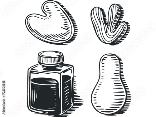 Hand drawn cosmetic tools and bottle sketch. Vector hand drawn illustration