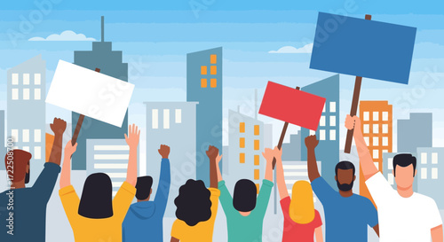 Diverse group of people protesting with raised fists and signs.