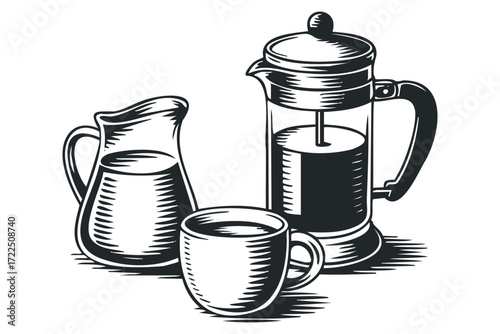Coffee press with pitcher and mug. Vector hand drawn illustration
