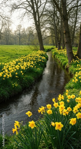 Yellow flowers by a stream