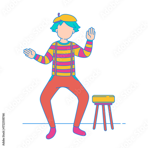 Pantomime Act. Cartoon mime artist with blue hair and yellow beret performing a dance isolated on transparent background.