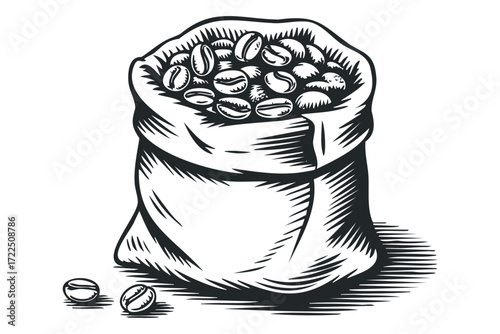 Sack overflowing with roasted coffee beans. Vector hand drawn illustration