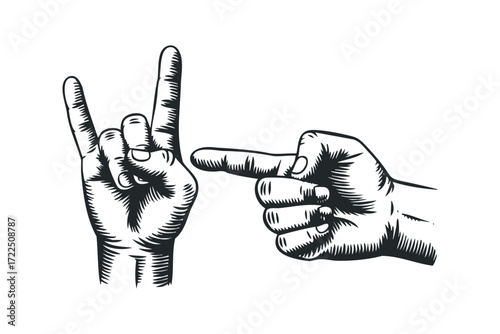 Rock and Roll Hand Gesture and Pointing Finger. Vector hand drawn illustration