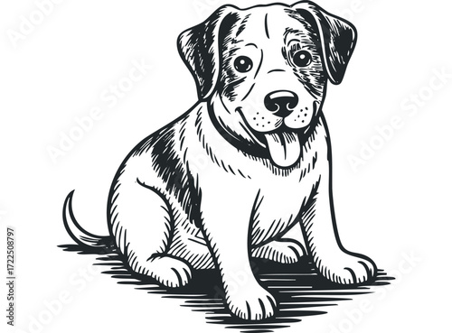 Sketch of a happy puppy sitting and panting. Vector hand drawn illustration