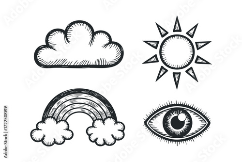 Hand Drawn Sun, Cloud, Rainbow, and Eye Icons. Vector hand drawn illustration