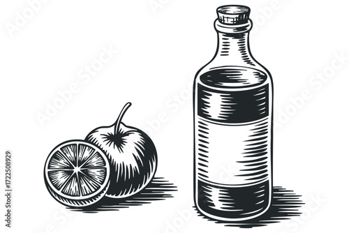 Black and white drawing of a glass bottle and half citrus fruit. Vector hand drawn illustration