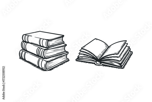 Stack of three closed books and one open book sketch. Vector hand drawn illustration