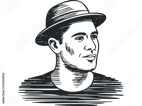 Sketch Portrait of Man in Fedora Hat Looking Sideways. Vector hand drawn illustration