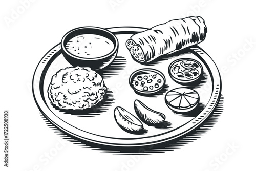 Traditional Indian Thali Meal Displayed on Plate. Vector hand drawn illustration