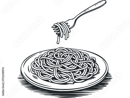 Spaghetti on plate with fork twirling noodles. Vector hand drawn illustration