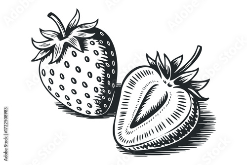 Hand Drawn Strawberry and Half Strawberry Composition. Vector hand drawn illustration