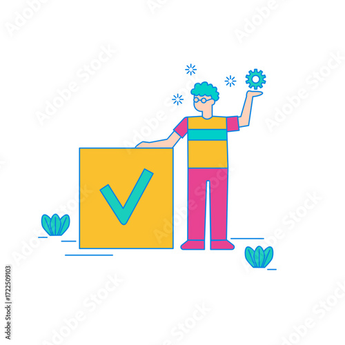 Problem Solving. Man holding gear next to a checkmark box isolated on transparent background.