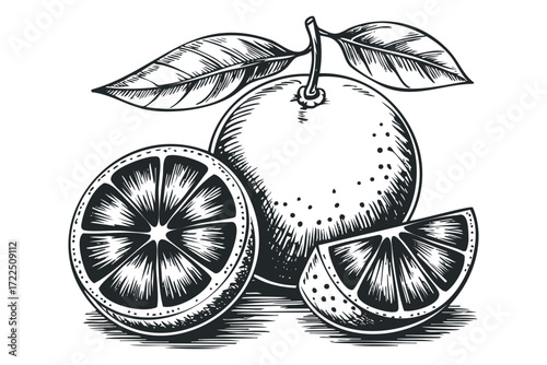 Whole and sliced citrus fruit with leaves. Vector hand drawn illustration