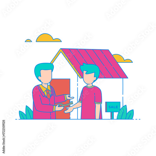 Property Selling. Real estate agent handing keys to new homeowner isolated on transparent background.