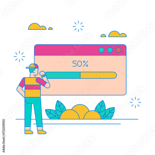 Progress Bar. Man watching a loading bar progress at fifty percent isolated on transparent background.