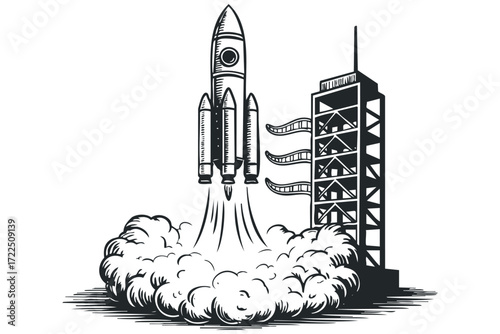 Rocket launching from tower with smoke plume. Vector hand drawn illustration