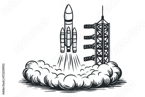 Rocket Launch From Tower With Smoke Plumes. Vector hand drawn illustration