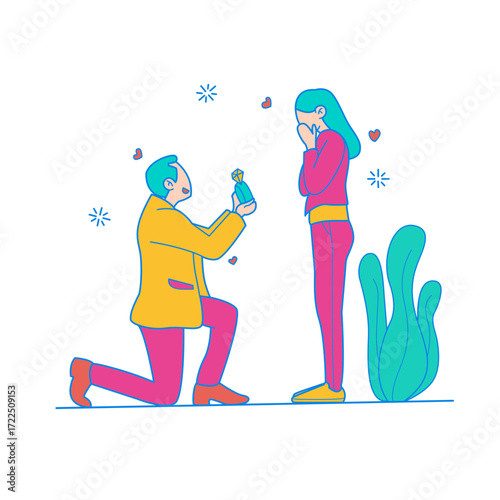 Proposal. Man proposes to woman with engagement ring isolated on transparent background.