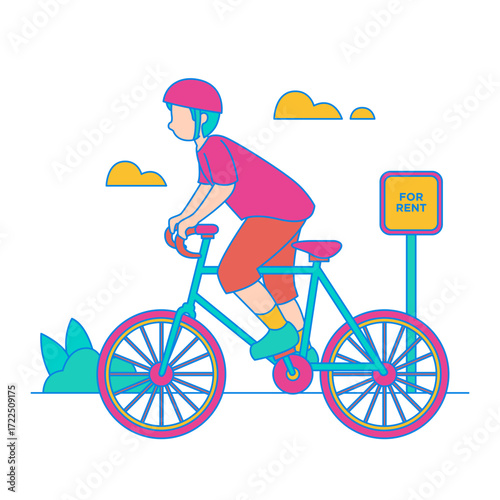 Public Transportation   Bicycle Ride. Person riding a bicycle with a for rent sign isolated on transparent background.