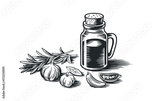 Bottle of oil with garlic and rosemary sprigs. Vector hand drawn illustration