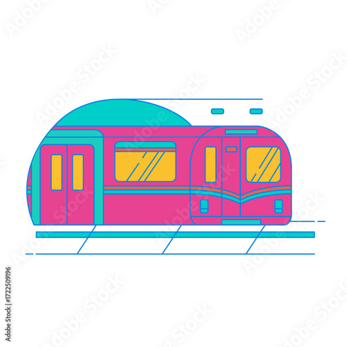 Public Transportation   Underground Metro. Modern pink subway train with teal accents isolated on transparent background.