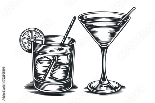 Two stylized drinks, one in a rocks glass and the other in a martini glass, against a white background. Vector hand drawn illustration