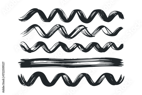 Brush stroke waves and horizontal line. Vector hand drawn illustration