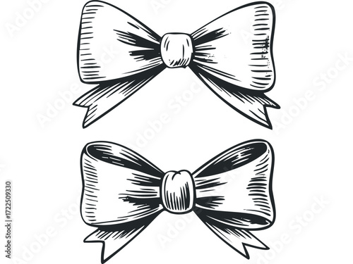 Two Black Ink Drawn Bows on White Background. Vector hand drawn illustration