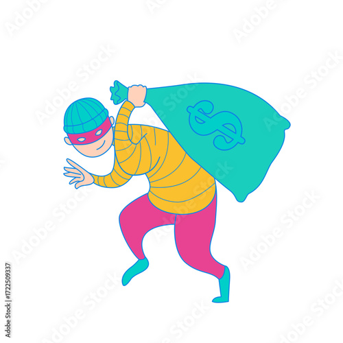 Robbery. Cartoon thief carrying a bag of money isolated on transparent background.