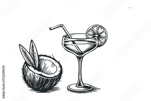 Coconut Drink with Tropical Leaves and Orange Slice. Vector hand drawn illustration