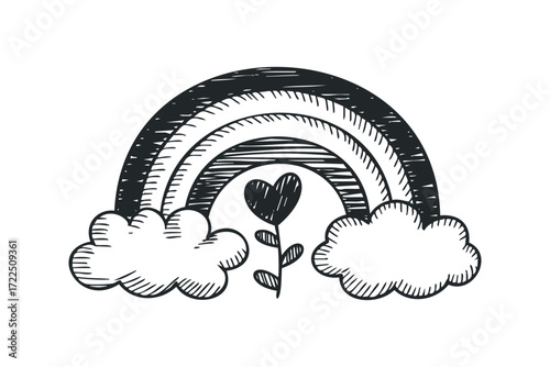Hand Drawn Rainbow Arch Over Floral Heart. Vector hand drawn illustration