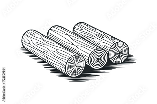 Three wooden logs arranged on a white background. Vector hand drawn illustration
