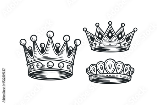 Collection of three ornate sketched crowns. Vector hand drawn illustration