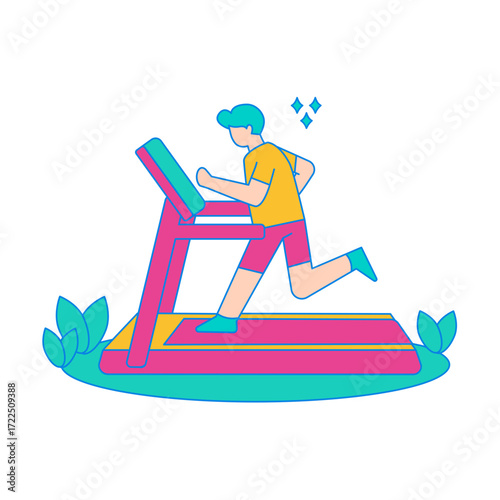 Running on Treadmill. Man running on a treadmill with plants isolated on transparent background.