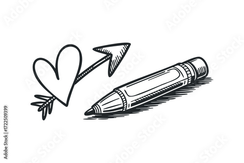 Doodle heart pierced by arrow with pen nearby. Vector hand drawn illustration