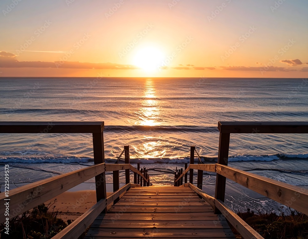 Obraz premium Sunrise over the ocean, wooden pathway to the shore