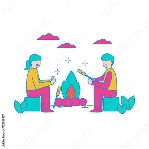 Sitting around Bonfire. Two people roasting marshmallows over a campfire isolated on transparent background.