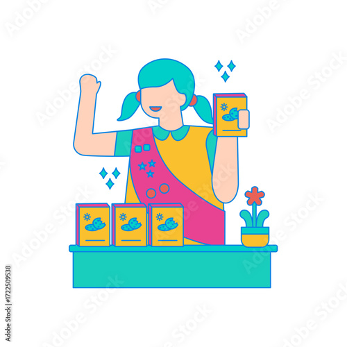 Selling Cookies. Girl scout selling cookies and badges isolated on transparent background.
