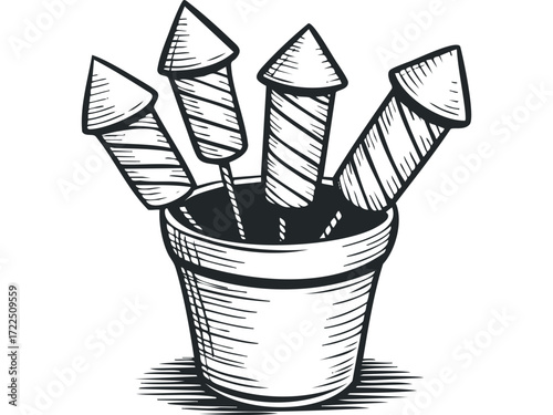 Firework rockets in a pot ready for celebration. Vector hand drawn illustration