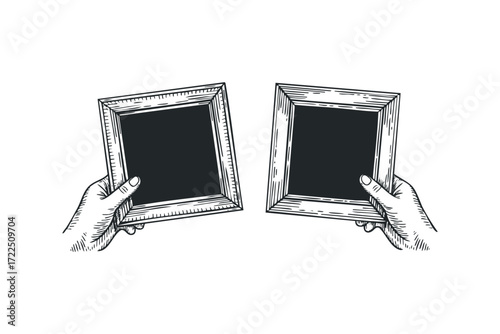 Hands holding two blank picture frames. Vector hand drawn illustration