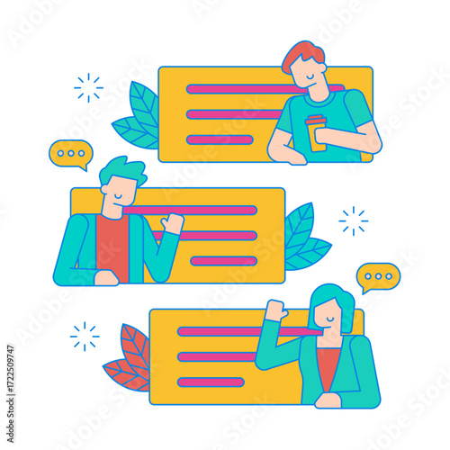 Team Chat. Three people interacting in a digital chat or communication interface isolated on transparent background.