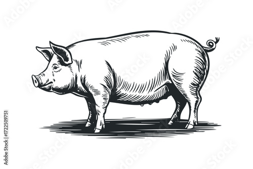 Farm animal pig standing profile view black and white. Vector hand drawn illustration