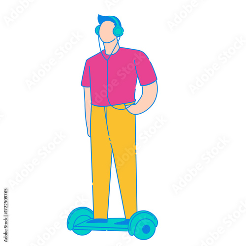 Technology. Man with headphones riding a hoverboard isolated on transparent background.