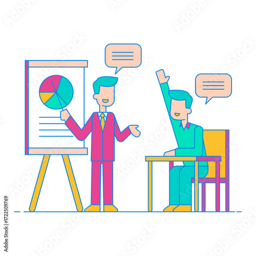 Teaching and Coaching. Business presentation with a question from an attendee isolated on transparent background.