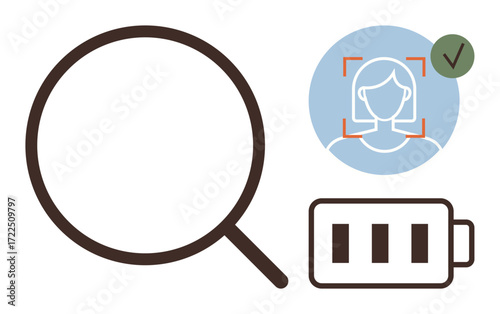 Magnifying glass, face recognition interface with checkmark, battery icon. Ideal for technology, authentication, biometrics, energy, security surveillance and usability. Simple flat metaphor