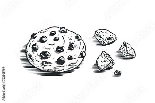 Hand drawn chocolate chip cookie with crumbs. Vector hand drawn illustration