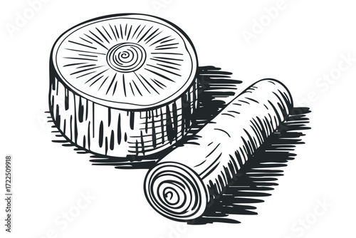 Wood log cross section and long log. Vector hand drawn illustration