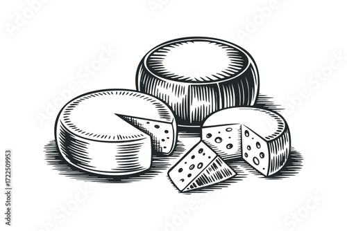 Black and White Drawing of Whole Cheese Wheels and Slices. Vector hand drawn illustration
