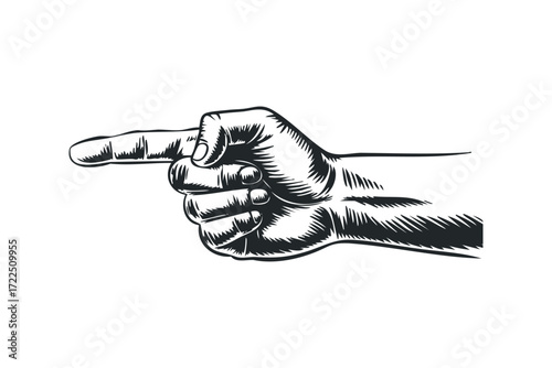 Fist pointing direction with engraved linework texture. Vector hand drawn illustration
