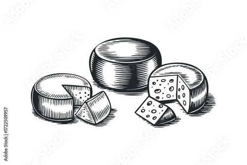 Woodcut style cheese rounds and wedges. Vector hand drawn illustration